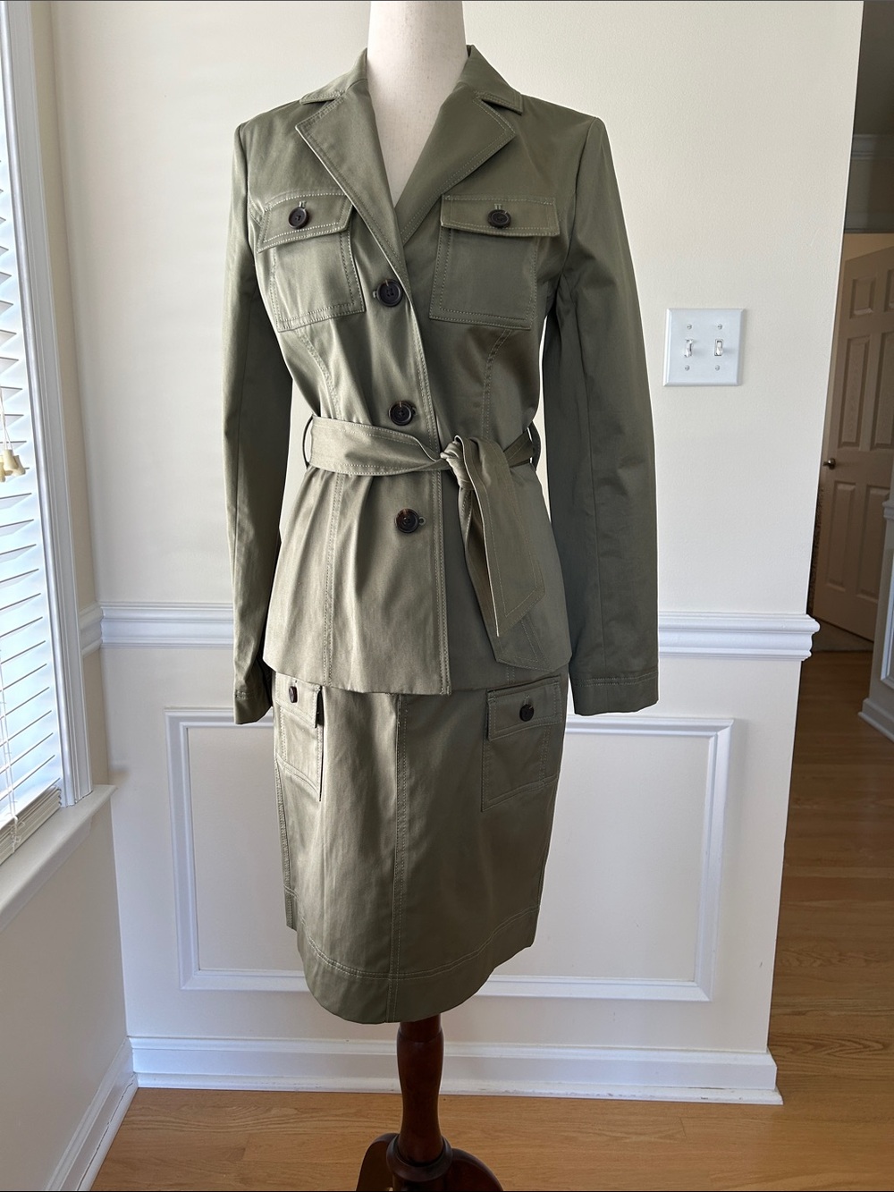 Brooks Brothers Olive Green Belted Utility Jacket and Skirt Set